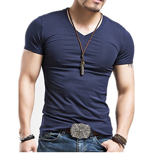 Men basic cotton Slim T-shirt, solid color V-neck, short-sleeved