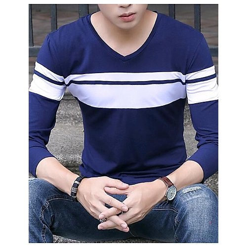 Chic Street Man cotton T-shirt, color block V-neck, long-sleeved