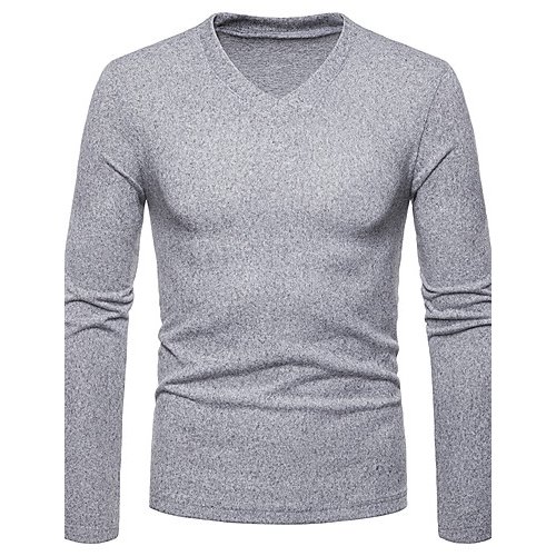 Men T-shirt, solid color V-neck, long-sleeved