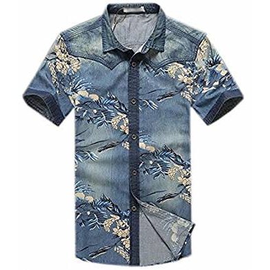 Mens Short Sleeve Flower Print Button Down Denim Shirts