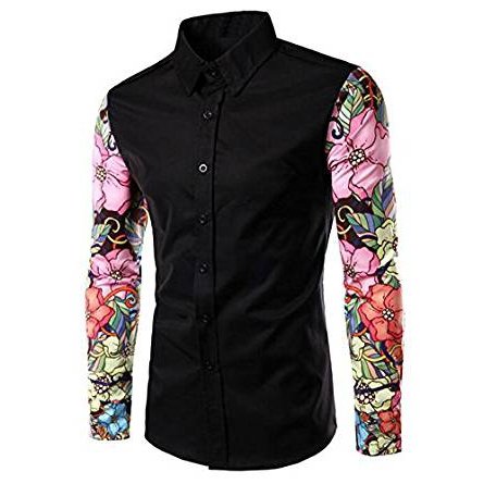 Mens Casual Slim Fit Floral Long Sleeve Button Down Shirt Black