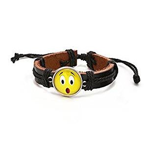 Adjustable leather bracelet surprised emoticon, black