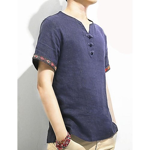 Men linen T-shirt, solid color V-neck, short-sleeved